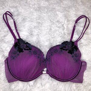 Victoria Secret PUSH UP Purple MESH Black FLOWER APPLIQUE Bra 34C Dark Romance